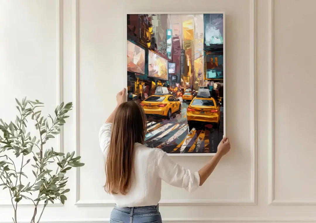 New York City Taxi Cabs canvas wall art being hung on a paneled wall