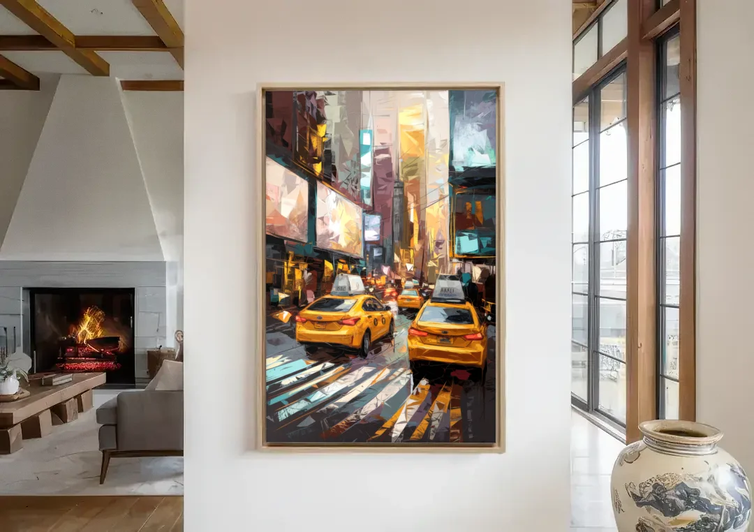 New York City Taxi Cabs canvas wall art in a living room with a fireplace