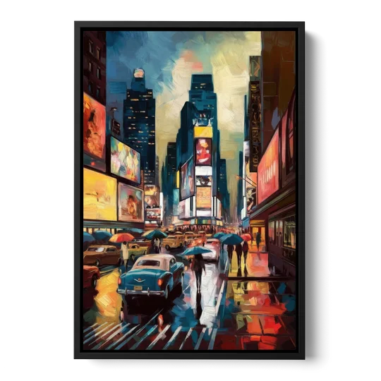 New York City Times Square at Midnight - Black Framed Canvas Wall Art - Front