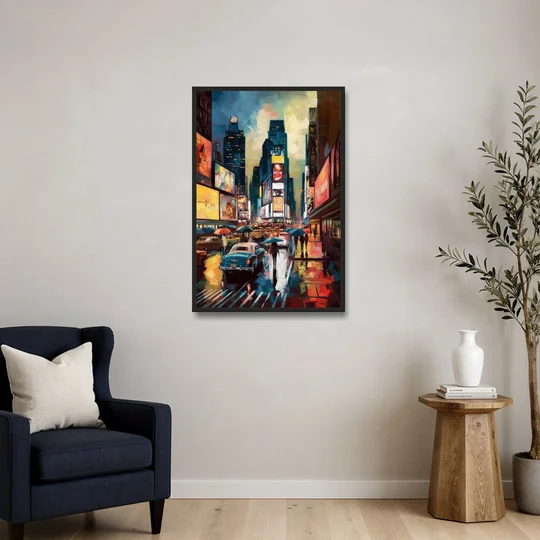 New York City Times Square at Midnight - Black Framed Canvas Wall Art - Sofa - 24x36