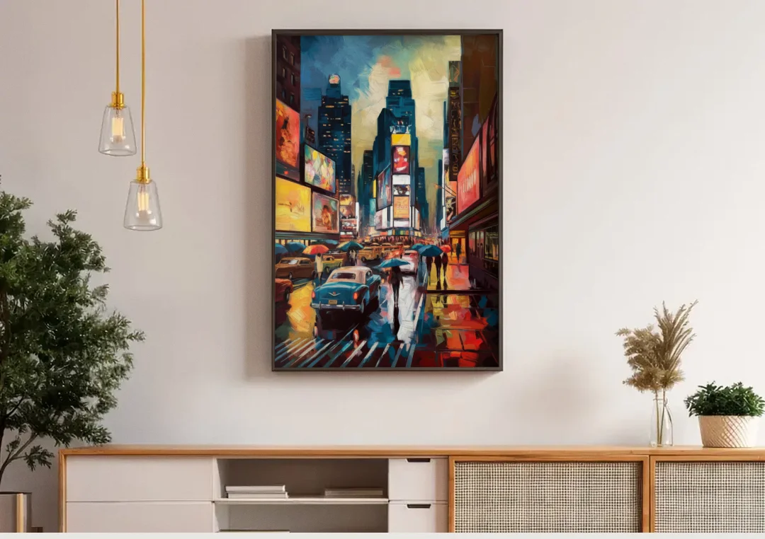 New York City Times Square at Midnight canvas wall art above a wooden sideboard under pendant lights