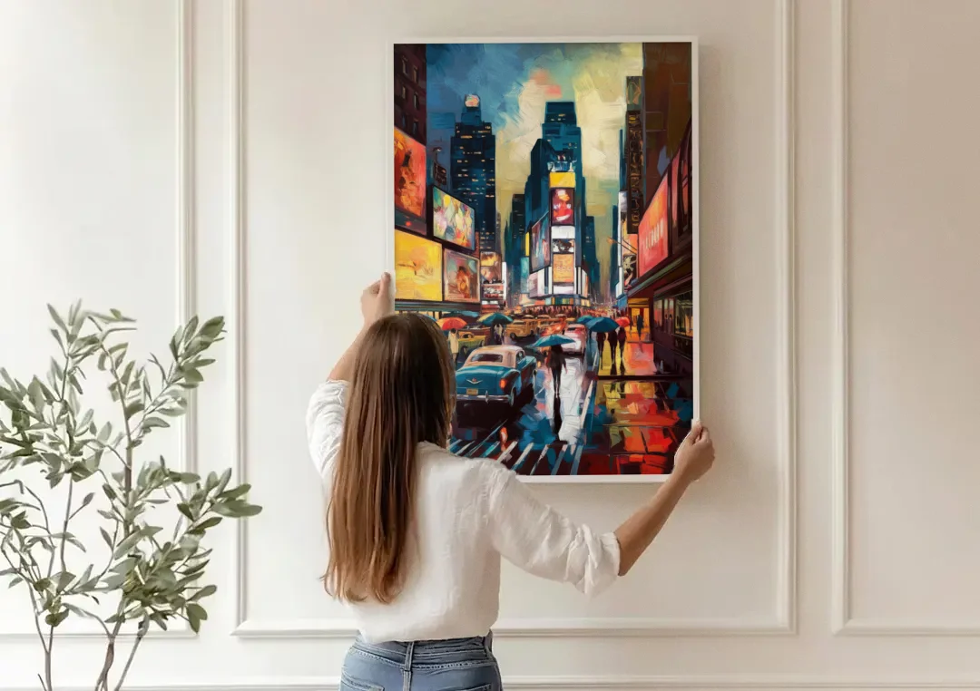 New York City Times Square at Midnight canvas wall art being hung on a paneled wall