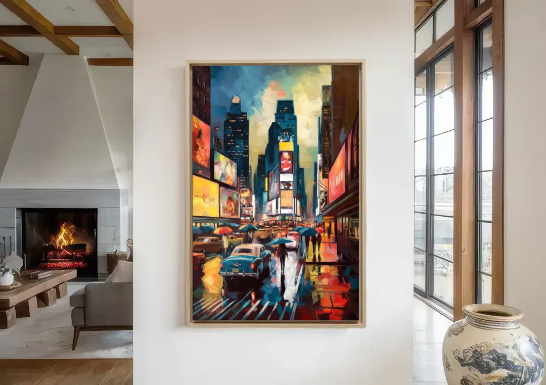 New York City Times Square at Midnight canvas wall art in a living room with a fireplace