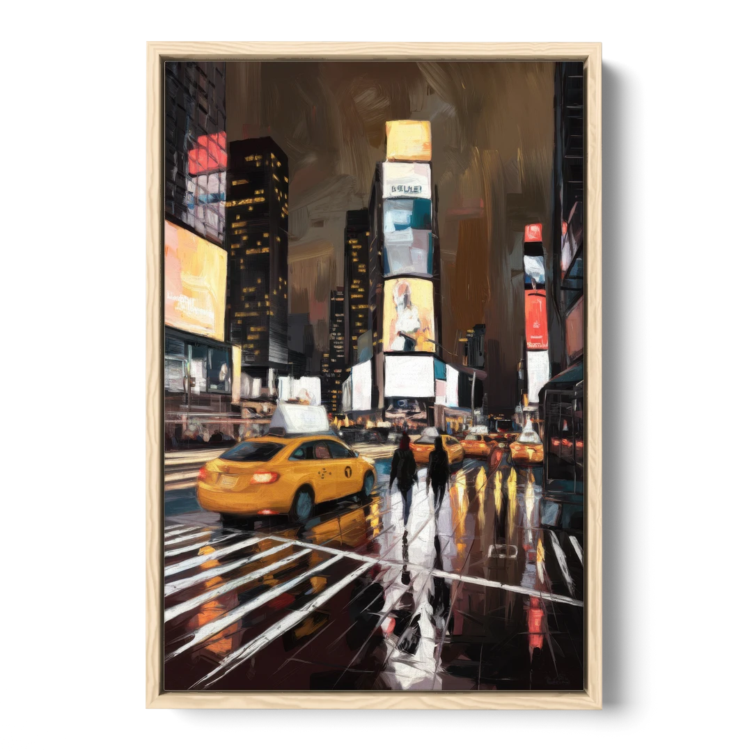 New York City Times Square in Motion Night - Oak Framed Canvas Wall Art - Front