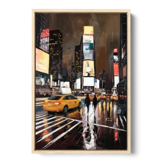 New York City Times Square in Motion Night - Oak Framed Canvas Wall Art - Front
