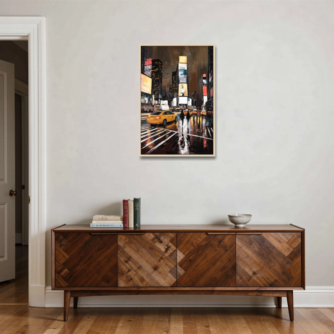 New York City Times Square in Motion Night - Oak Framed Canvas Wall Art - Coffee Table - 24x36