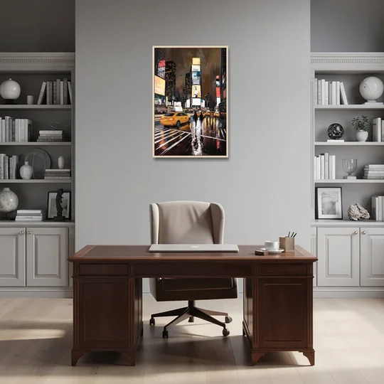 New York City Times Square in Motion Night - Oak Framed Canvas Wall Art - Office - 24x36