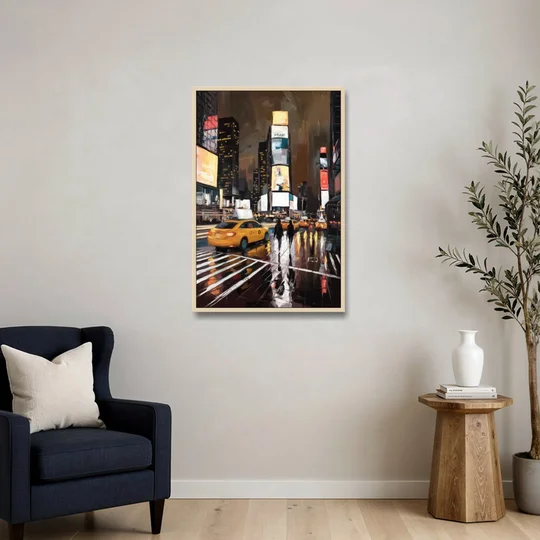 New York City Times Square in Motion Night - Oak Framed Canvas Wall Art - Sofa - 24x36