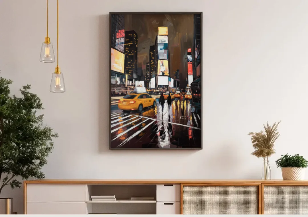 New York City Times Square in Motion Night canvas wall art above a wooden sideboard under pendant lights