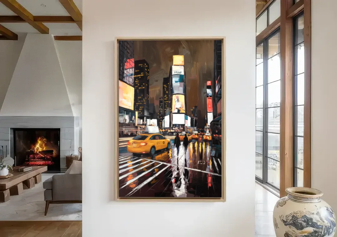 New York City Times Square in Motion Night canvas wall art in a living room with a fireplace
