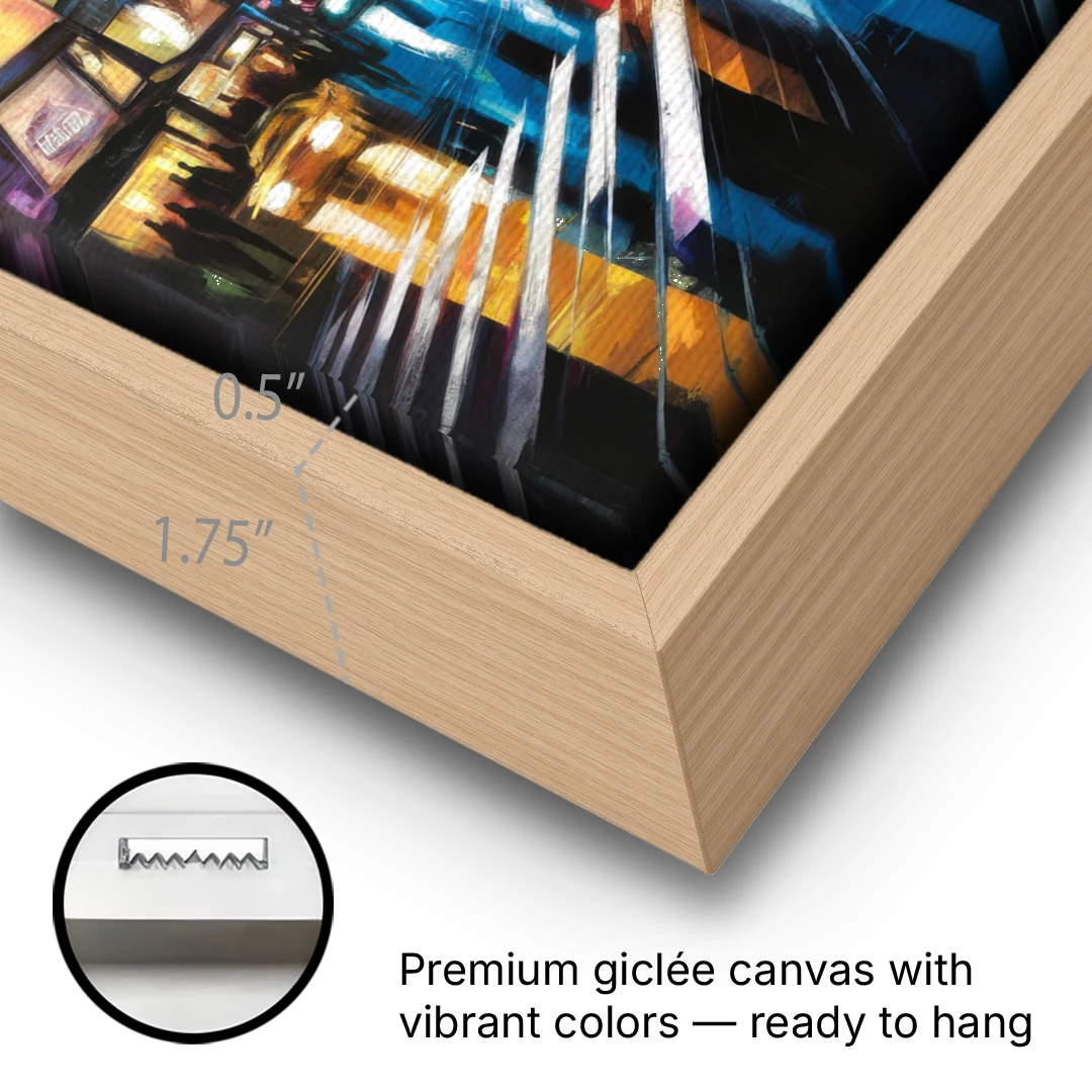 New York City Times Square Lights - Oak Framed Canvas Wall Art - Gallery Wrap Corner