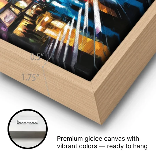 New York City Times Square Lights - Oak Framed Canvas Wall Art - Gallery Wrap Corner