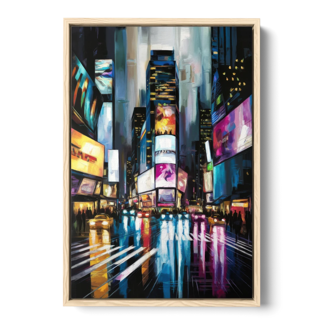 New York City Times Square Lights - Oak Framed Canvas Wall Art - Front