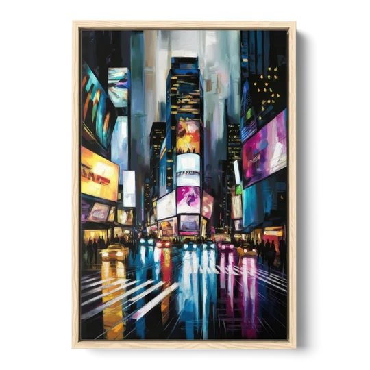 New York City Times Square Lights - Oak Framed Canvas Wall Art - Front