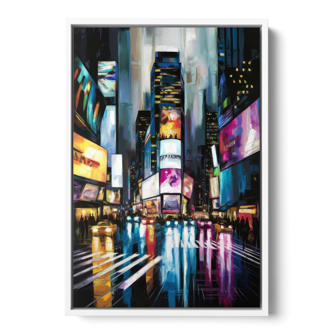 New York City Times Square Lights - White Framed Canvas Wall Art - Front