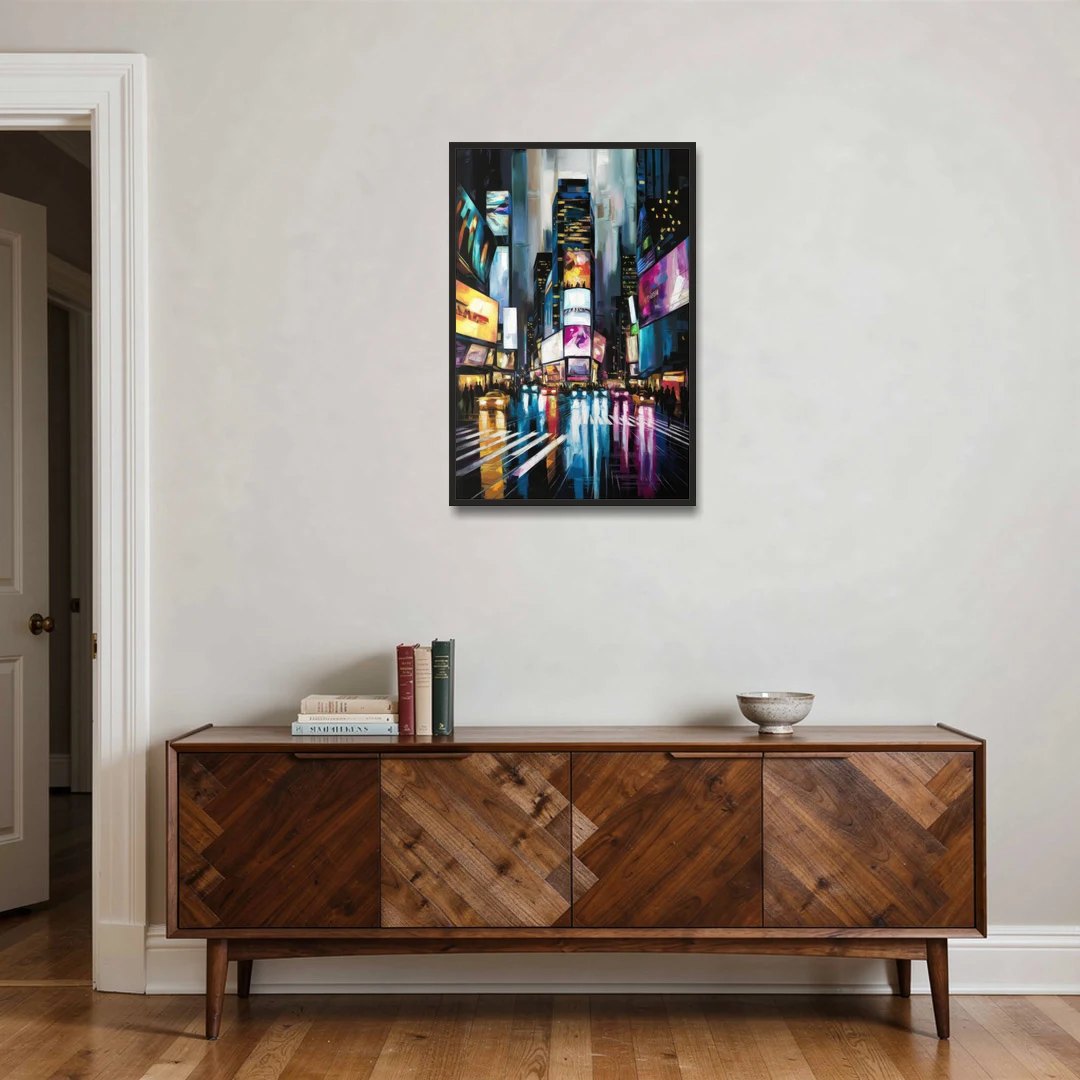 New York City Times Square Lights - Black Framed Canvas Wall Art - Coffee Table - 24x36