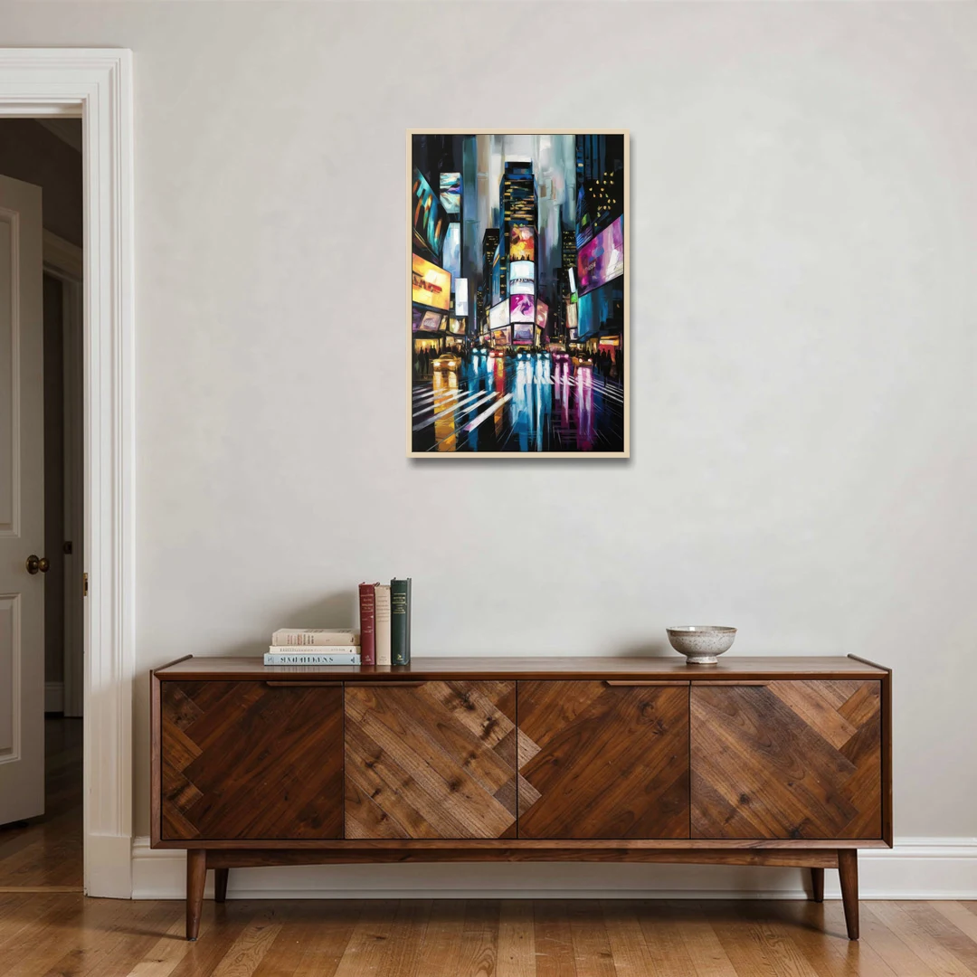 New York City Times Square Lights - Oak Framed Canvas Wall Art - Coffee Table - 24x36