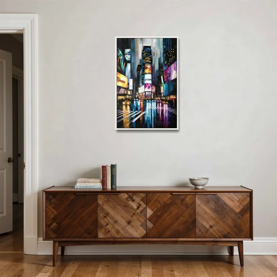 New York City Times Square Lights - White Framed Canvas Wall Art - Coffee Table - 24x36