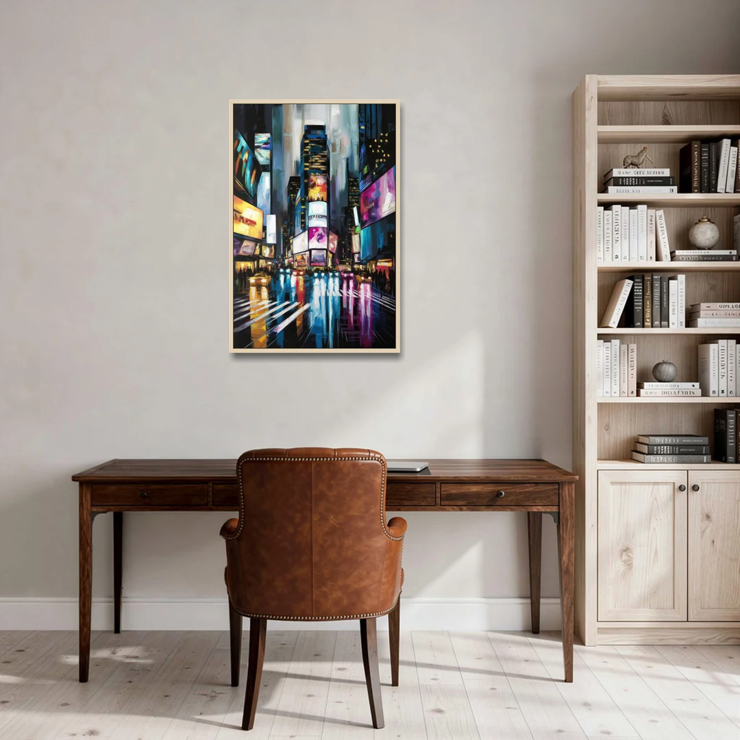 New York City Times Square Lights - Oak Framed Canvas Wall Art - Office - 24x36
