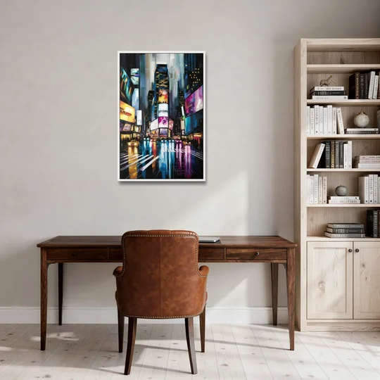 New York City Times Square Lights - White Framed Canvas Wall Art - Office - 24x36