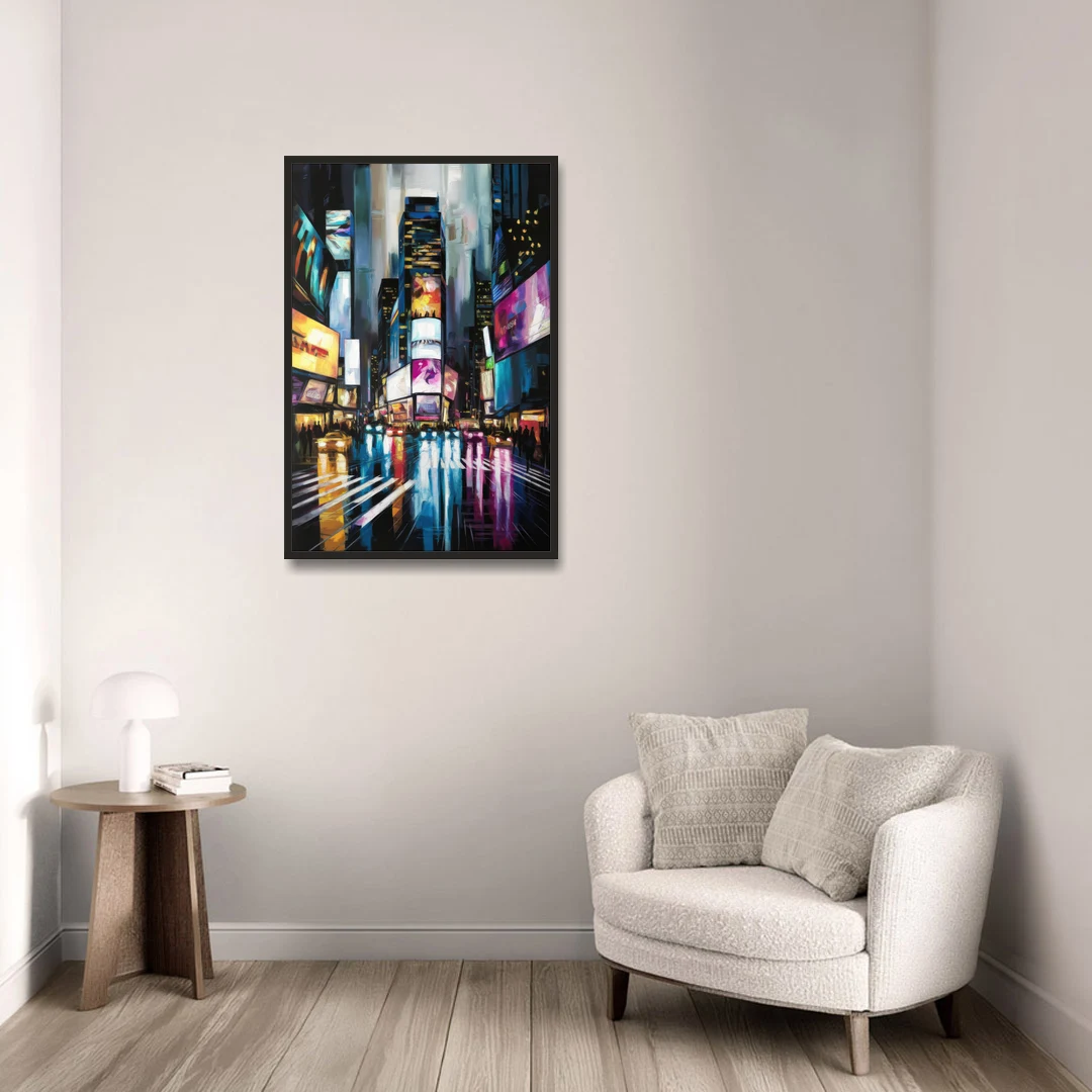 New York City Times Square Lights - Black Framed Canvas Wall Art - Sofa - 24x36