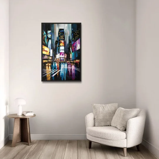 New York City Times Square Lights - Black Framed Canvas Wall Art - Sofa - 24x36