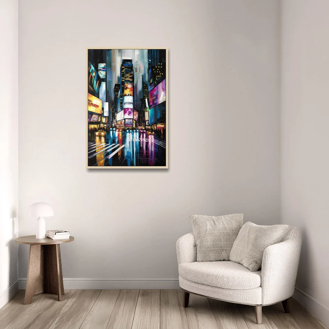 New York City Times Square Lights - Oak Framed Canvas Wall Art - Sofa - 24x36