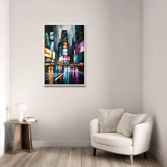 New York City Times Square Lights - White Framed Canvas Wall Art - Sofa - 24x36