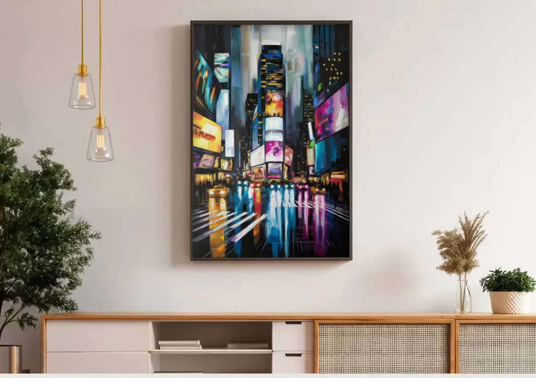 New York City Times Square Lights canvas wall art above a wooden sideboard under pendant lights