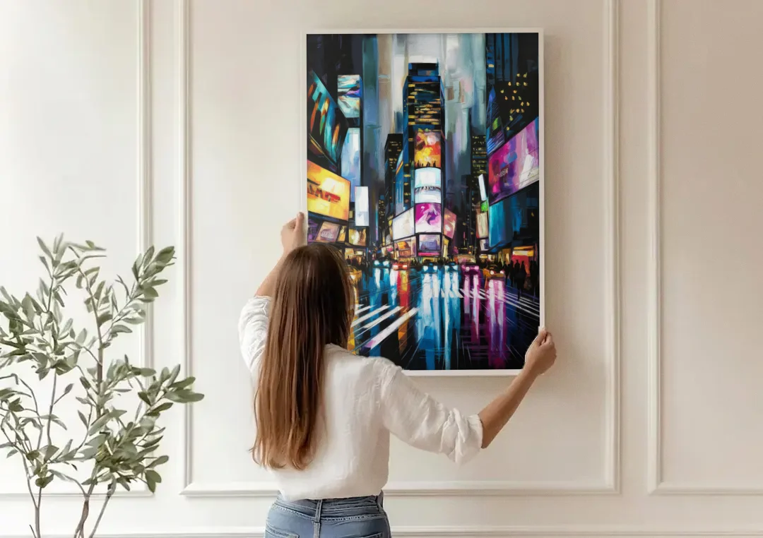 New York City Times Square Lights canvas wall art being hung on a paneled wall