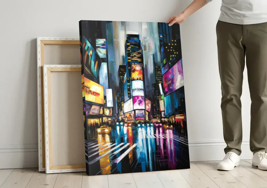 New York City Times Square Lights canvas wall art leaning against a wall next to blank canvases