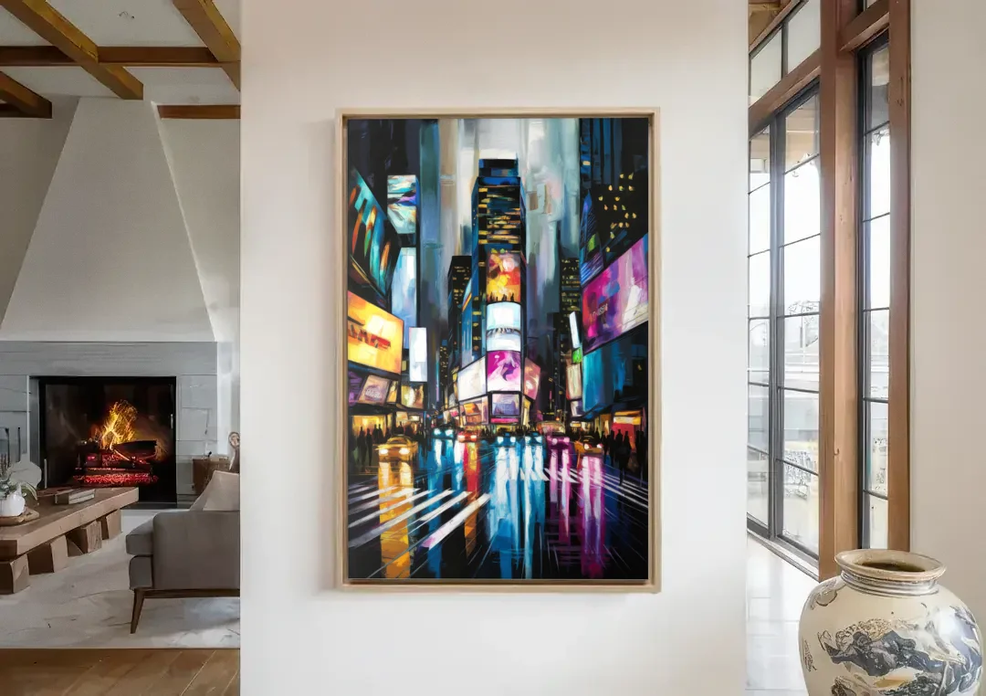 New York City Times Square Lights canvas wall art in a living room with a fireplace
