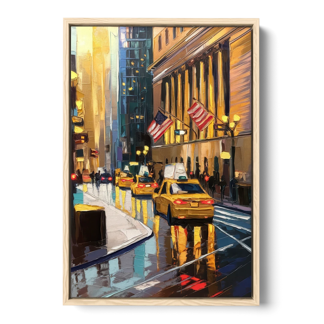 New York City Wall Street Vibes Flags - Oak Framed Canvas Wall Art - Front