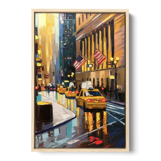 New York City Wall Street Vibes Flags - Oak Framed Canvas Wall Art - Front
