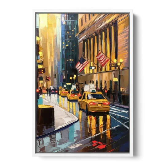New York City Wall Street Vibes Flags - White Framed Canvas Wall Art - Front