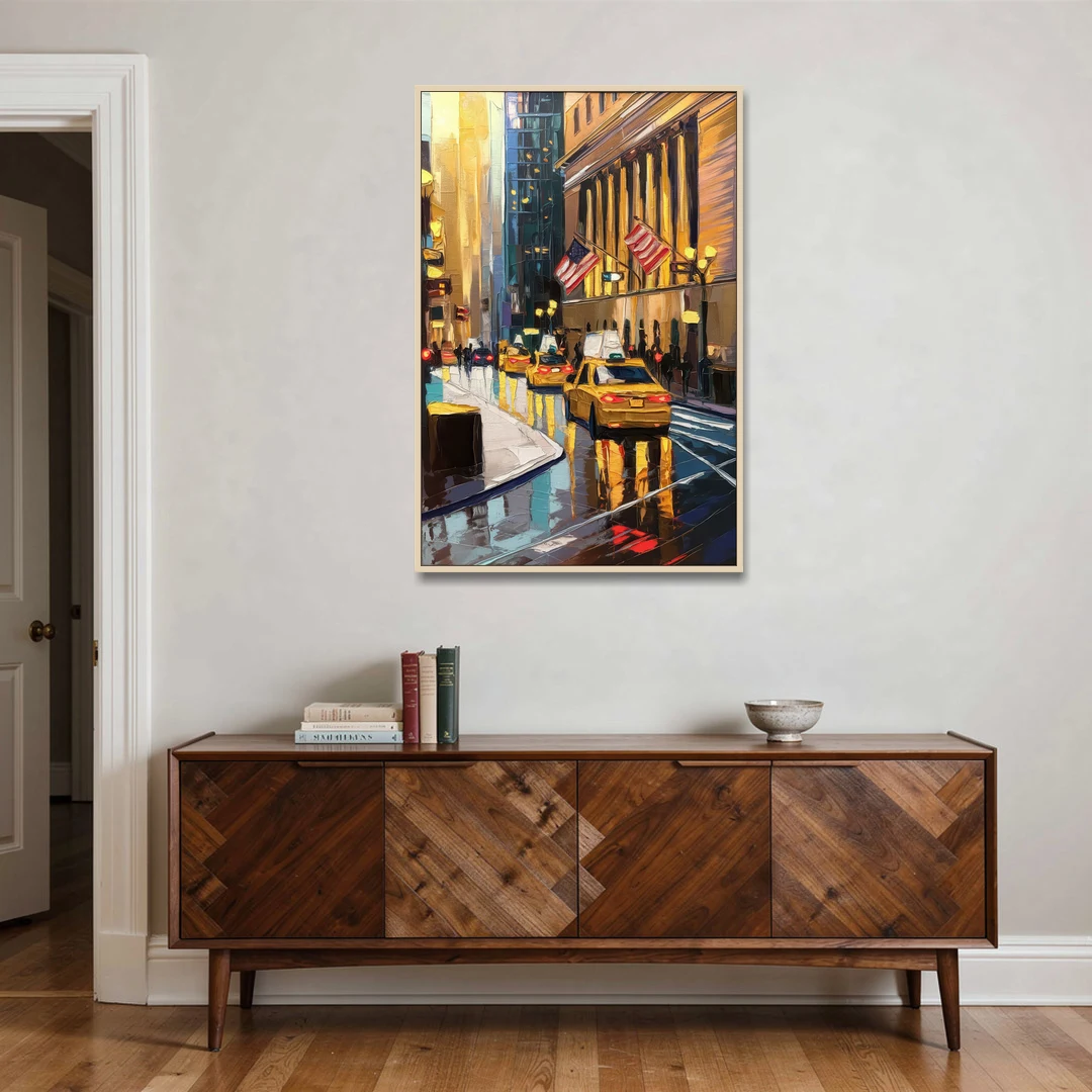 New York City Wall Street Vibes Flags - Oak Framed Canvas Wall Art - Coffee Table - 32x48