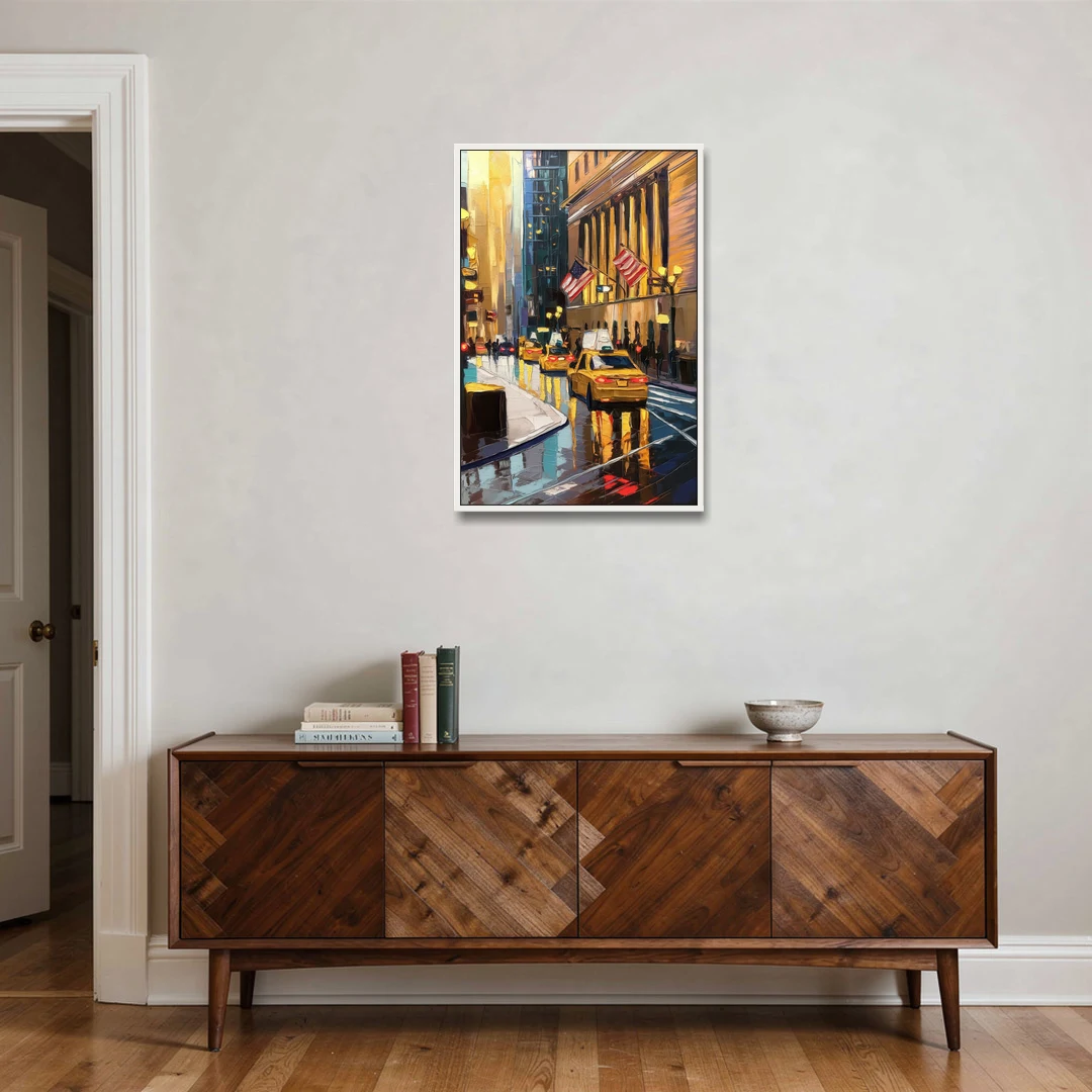 New York City Wall Street Vibes Flags - White Framed Canvas Wall Art - Coffee Table - 24x36