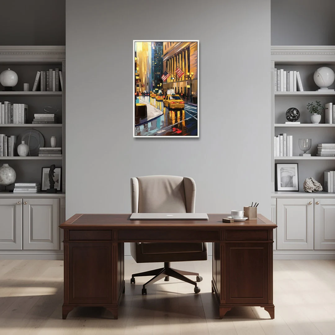 New York City Wall Street Vibes Flags - White Framed Canvas Wall Art - Office - 24x36