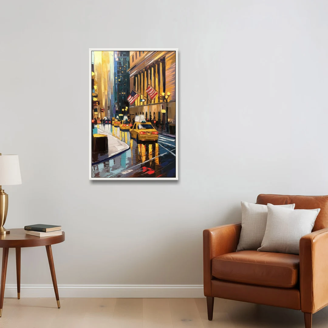 New York City Wall Street Vibes Flags - White Framed Canvas Wall Art - Sofa - 24x36