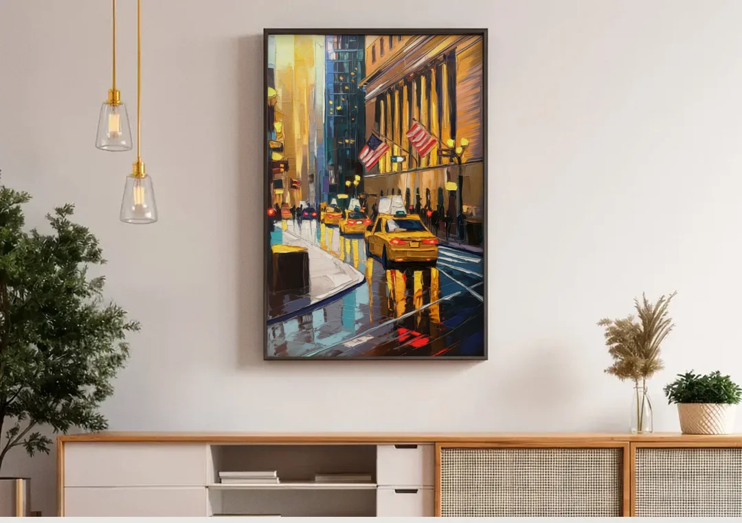 New York City Wall Street Vibes Flags canvas wall art above a wooden sideboard under pendant lights