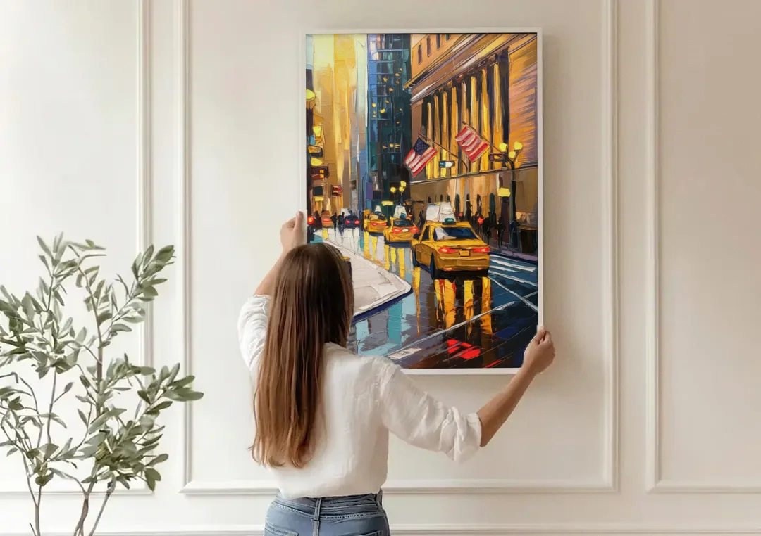 New York City Wall Street Vibes Flags canvas wall art being hung on a paneled wall