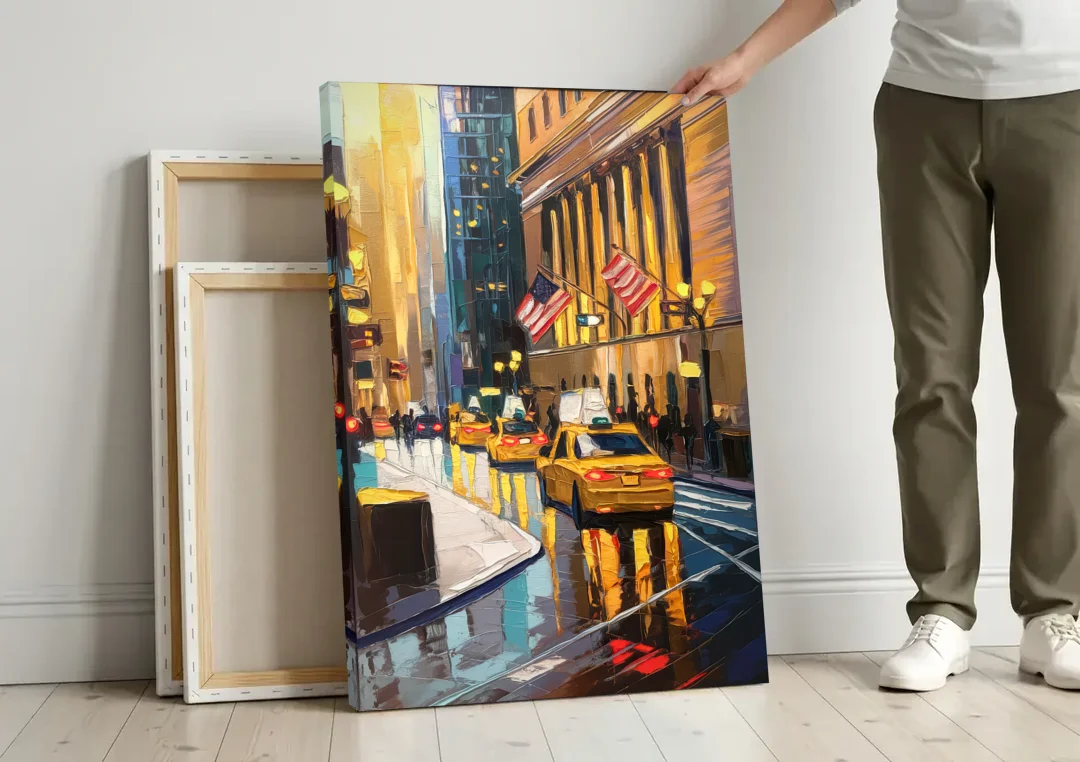 New York City Wall Street Vibes Flags canvas wall art leaning against a wall next to blank canvases