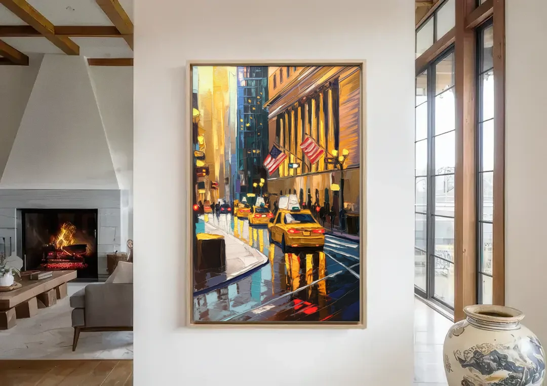 New York City Wall Street Vibes Flags canvas wall art in a living room with a fireplace