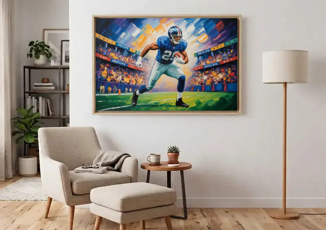 New York Giants Dynamic Impressionistic Action Art canvas wall art above an armchair in a bright living room