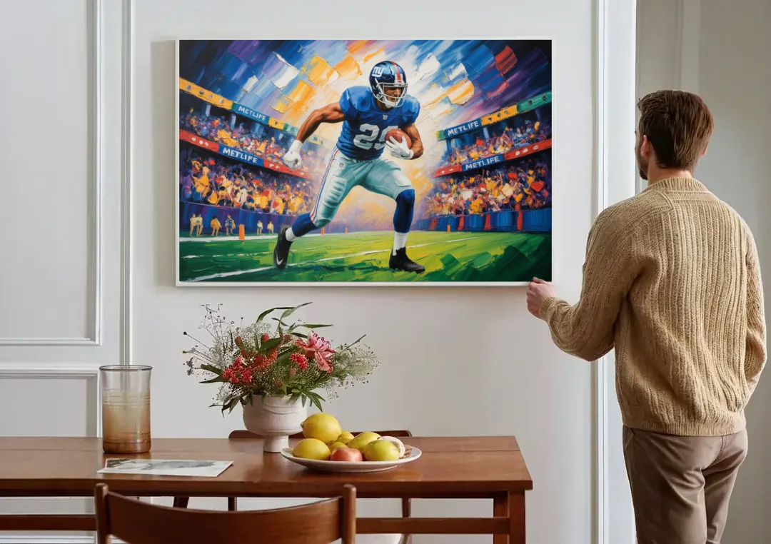 New York Giants Dynamic Impressionistic Action Art canvas wall art above a dining table