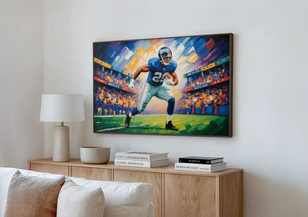 New York Giants Dynamic Impressionistic Action Art canvas wall art above a wooden sideboard next to a sofa
