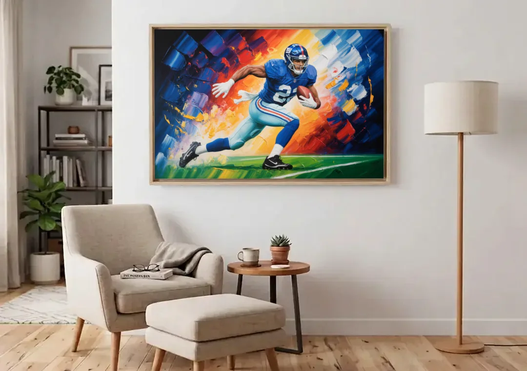 New York Giants Impressionistic Football Action Art canvas wall art above an armchair in a bright living room