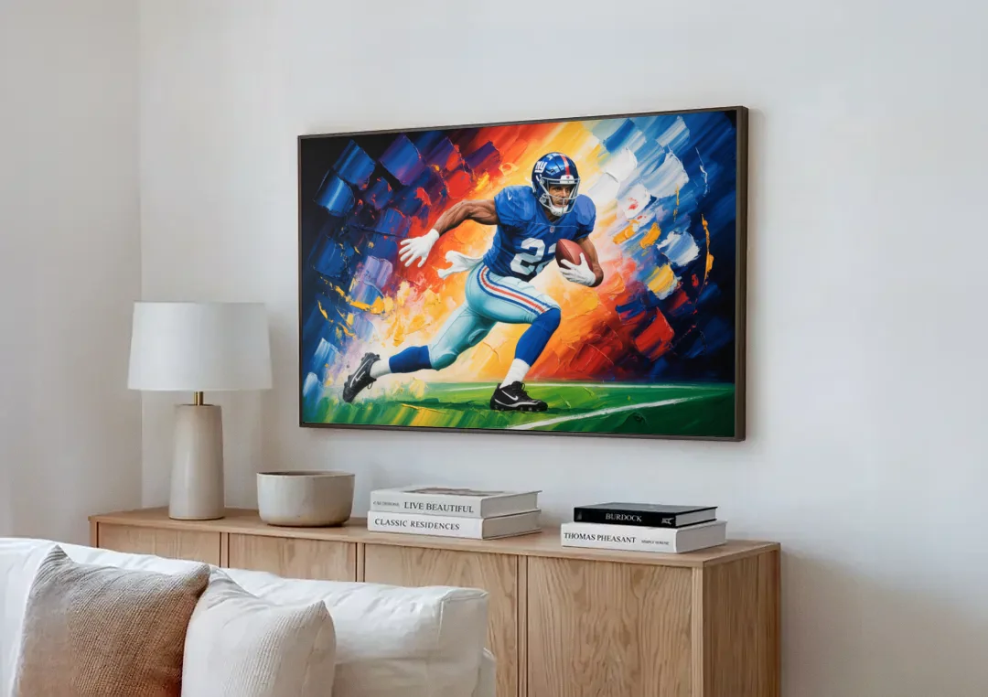 New York Giants Impressionistic Football Action Art canvas wall art above a wooden sideboard next to a sofa
