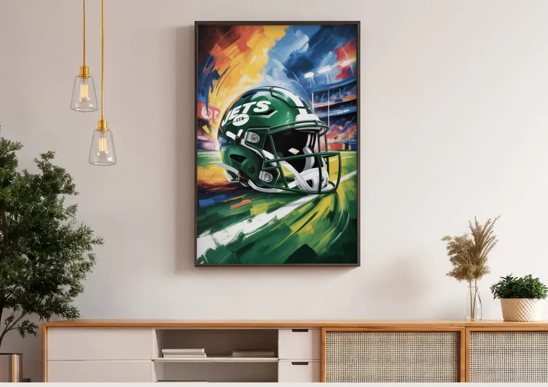 New York Jets Energetic Impressionist Football Helmet Artwork canvas wall art above a wooden sideboard under pendant lights