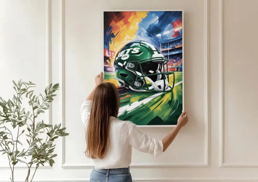 New York Jets Energetic Impressionist Football Helmet Artwork canvas wall art being hung on a paneled wall